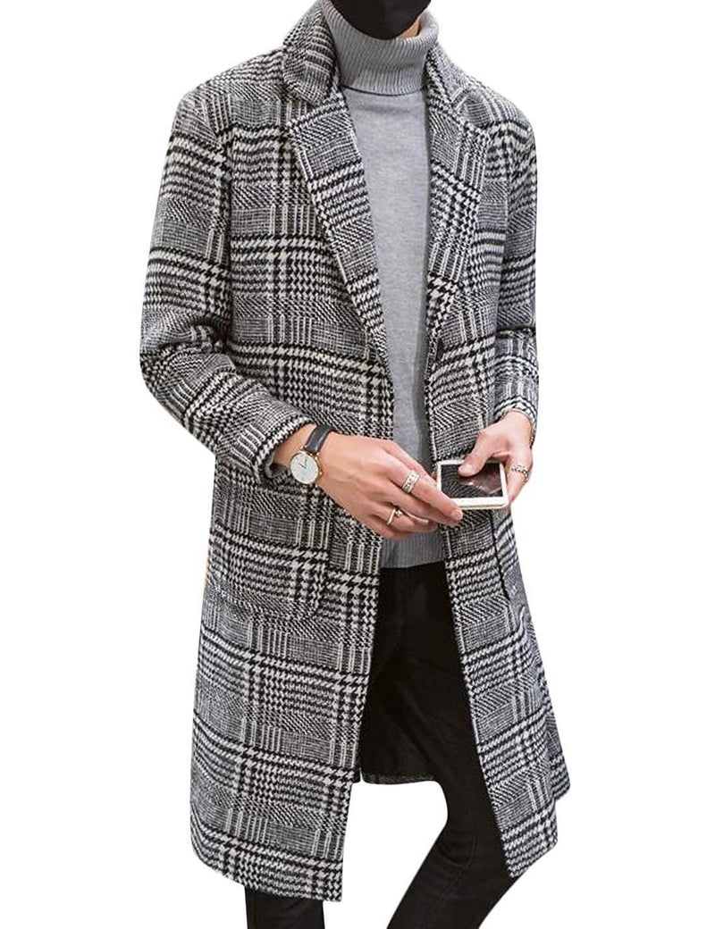 UANEO Mens Trench Coat Single Breasted Plaid Mid Long Peacoat Pea Coats (Gray, S) - Image 1